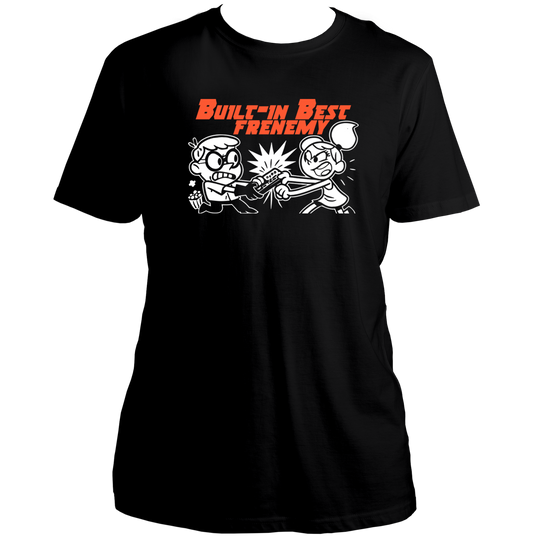 Built-In Best Frenemy Unisex T-Shirt by Garrari with funny brother-sister TV remote fight graphic