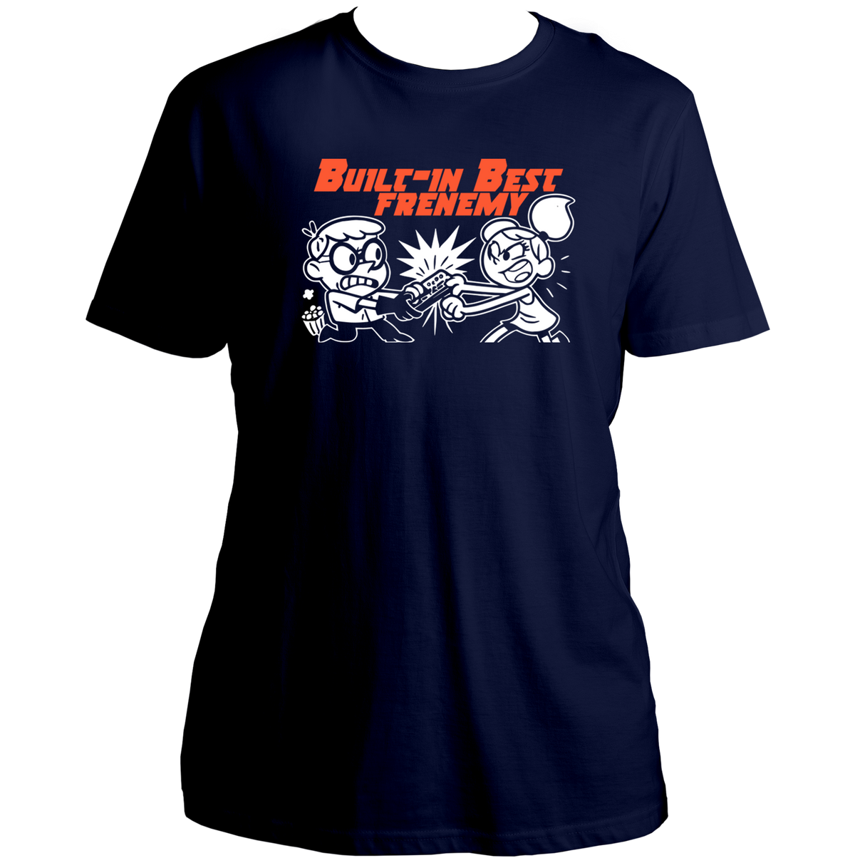 Built-In Best Frenemy Unisex T-Shirt by Garrari with funny brother-sister TV remote fight graphic