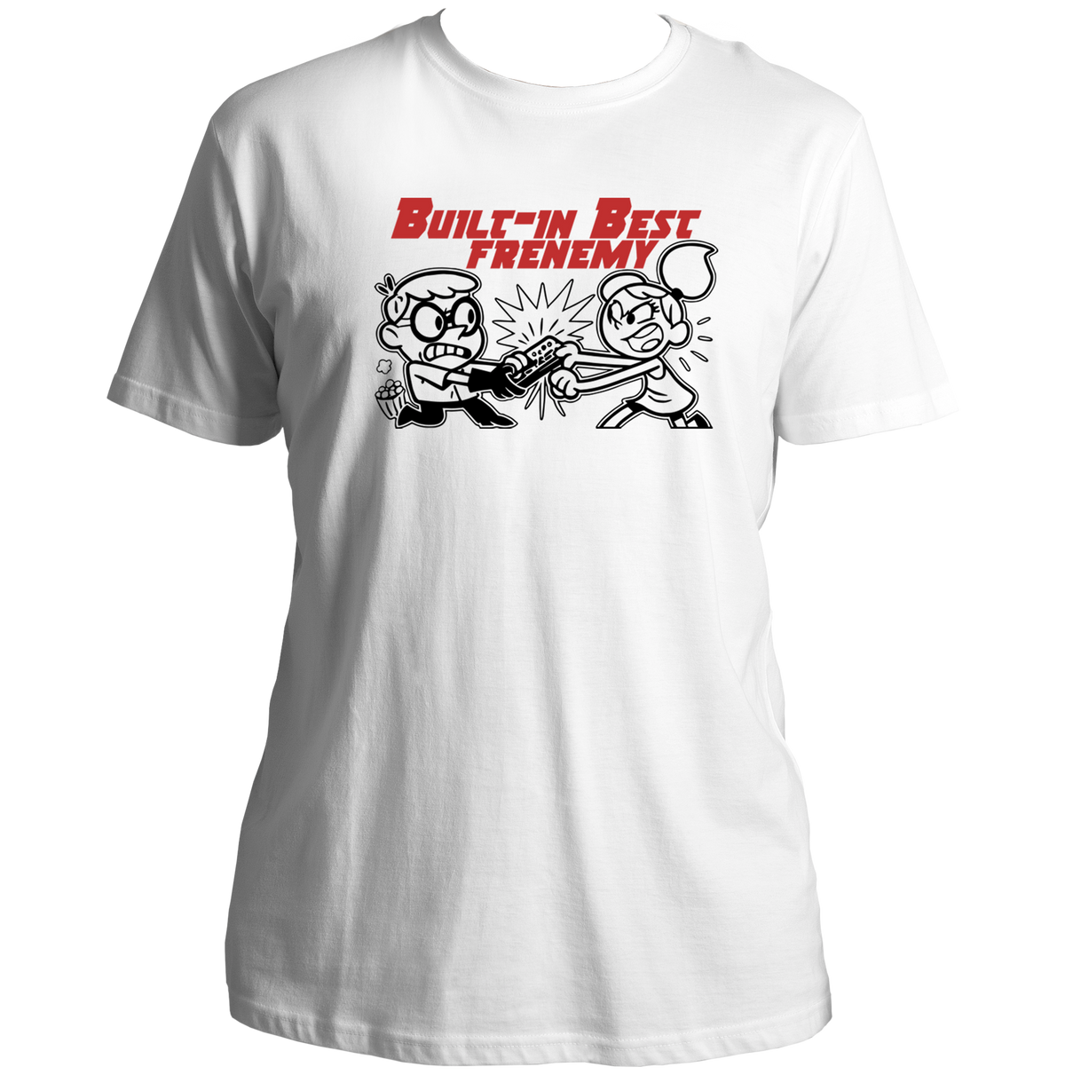 Built-In Best Frenemy Unisex T-Shirt by Garrari with funny brother-sister TV remote fight graphic