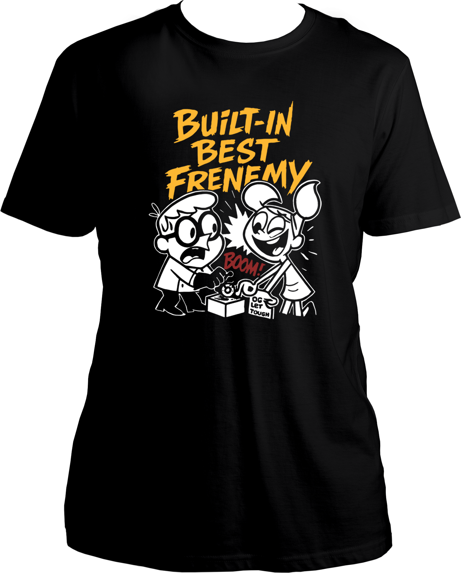 Regular fit black unisex T-shirt with bold “Built-In Best Frenemy” text and a cute brother-sister cartoon graphic.