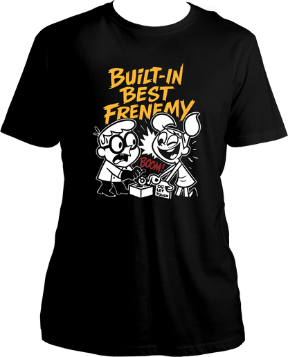 Regular fit black unisex T-shirt with bold “Built-In Best Frenemy” text and a cute brother-sister cartoon graphic.