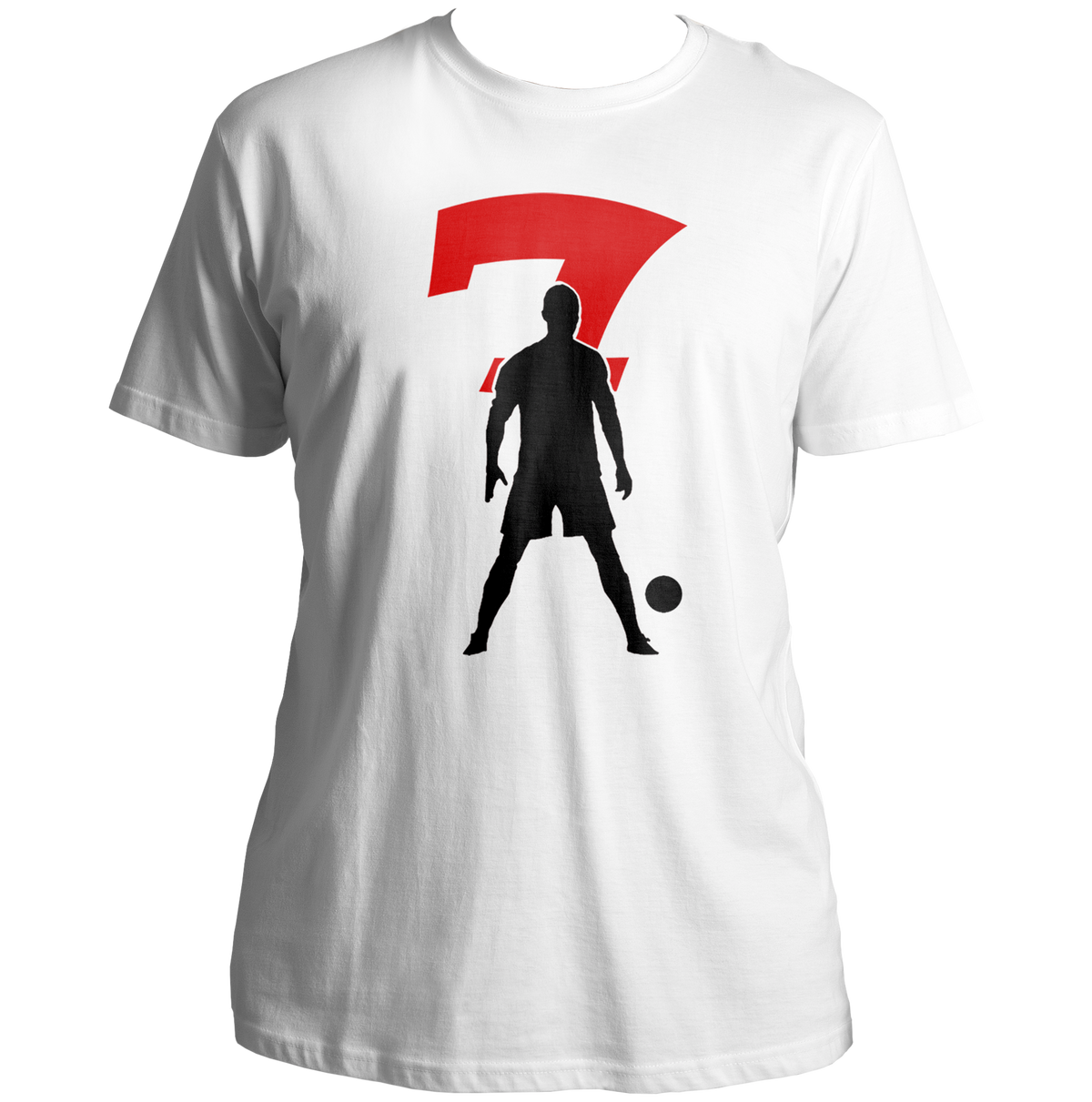 White Number 7 Football Unisex T-Shirt by Garrari with red number 7 and black football player graphic