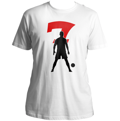 White Number 7 Football Unisex T-Shirt by Garrari with red number 7 and black football player graphic