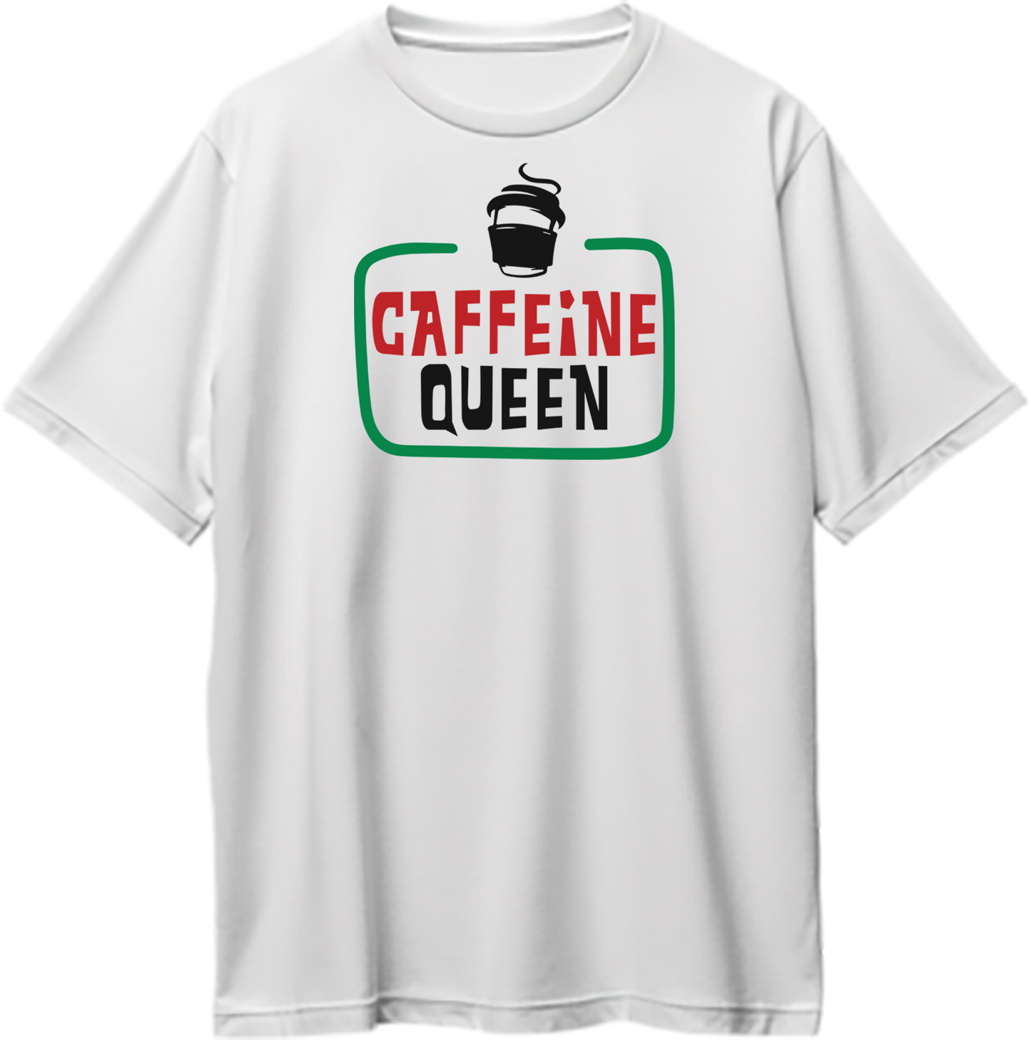 White Caffeine Queen Oversized T-Shirt with coffee cup graphic and bold café typography by Garrari