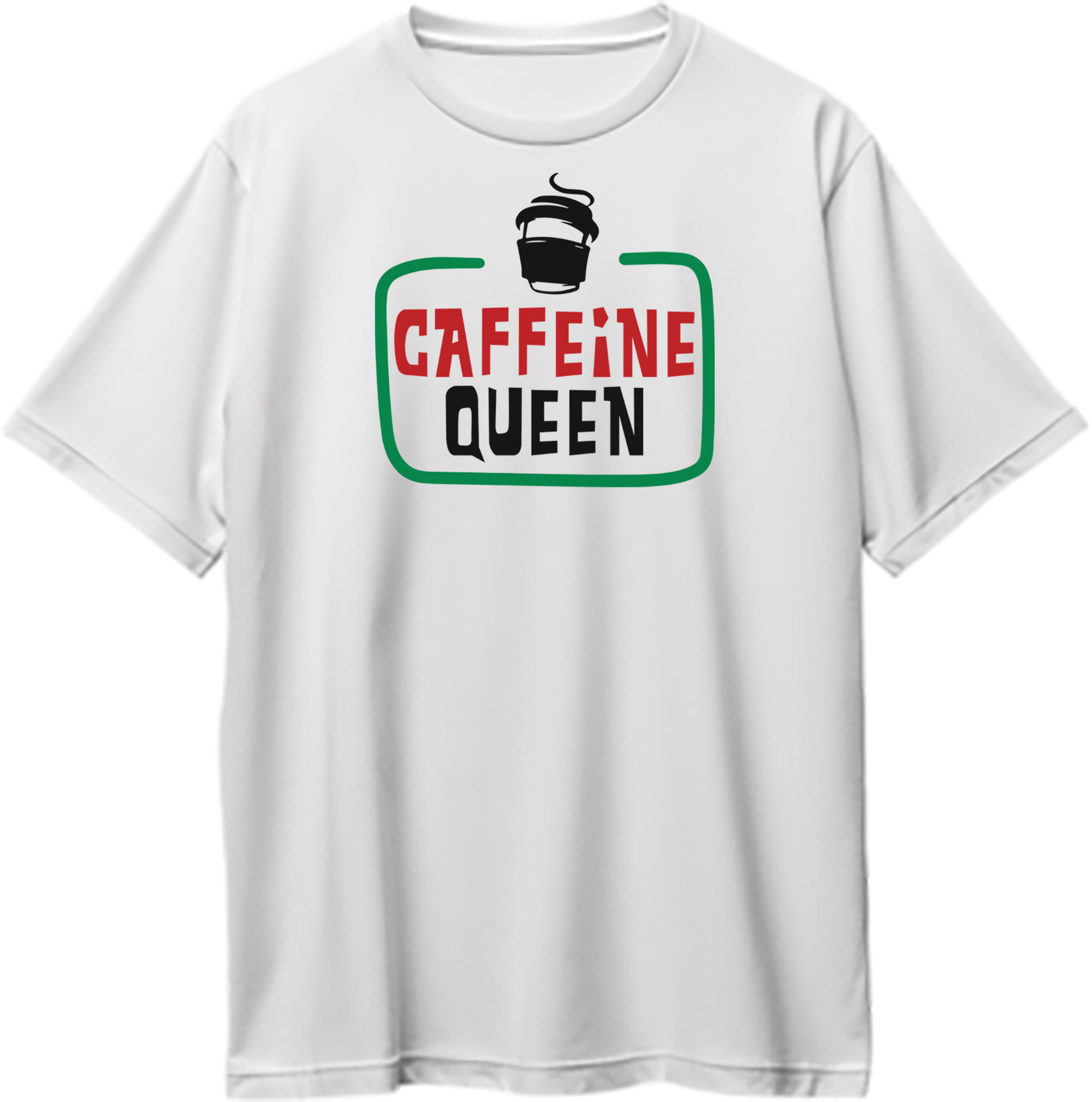 White Caffeine Queen Oversized T-Shirt with coffee cup graphic and bold café typography by Garrari