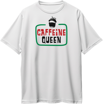 White Caffeine Queen Oversized T-Shirt with coffee cup graphic and bold café typography by Garrari