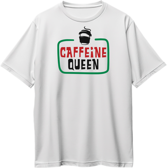 White Caffeine Queen Oversized T-Shirt with coffee cup graphic and bold café typography by Garrari