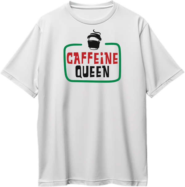 White Caffeine Queen Oversized T-Shirt with coffee cup graphic and bold café typography by Garrari