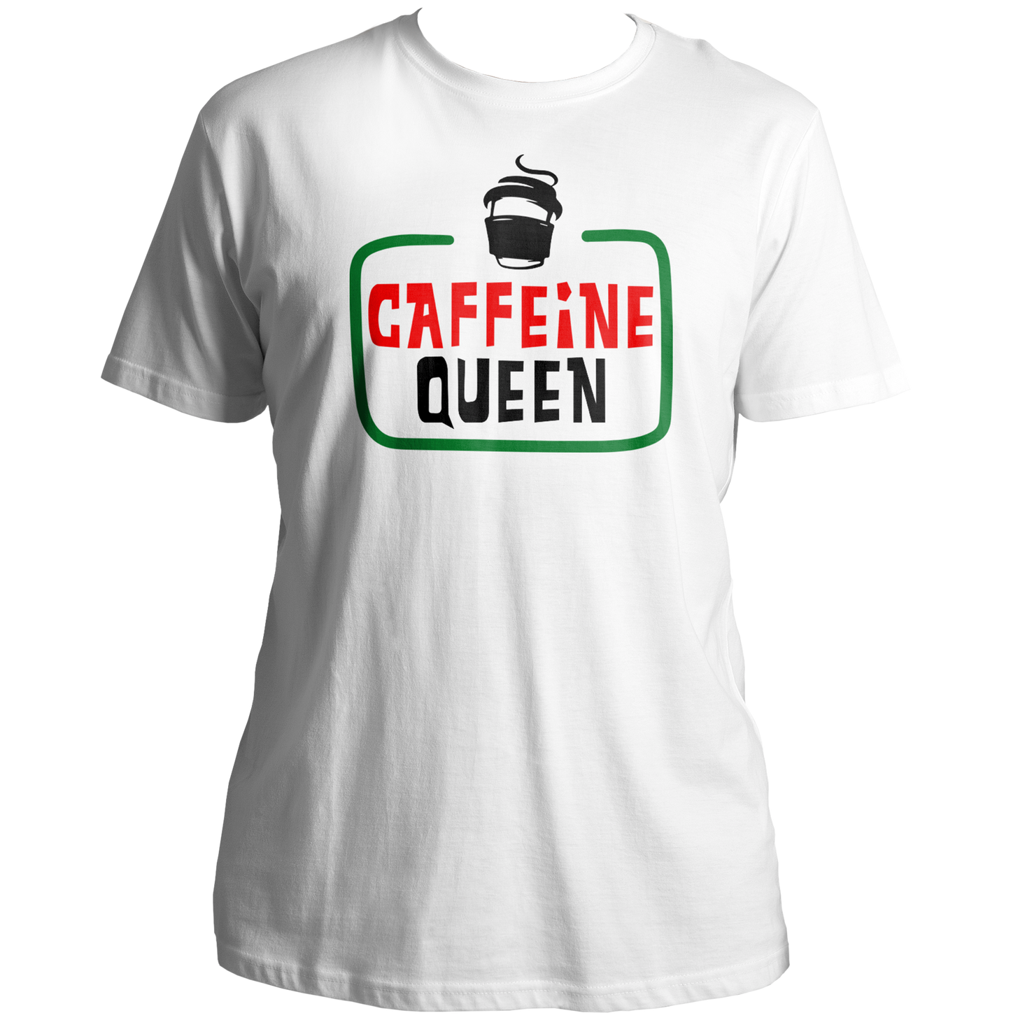 White Caffeine Queen Unisex T-Shirt with coffee cup graphic and café-inspired typography by Garrari