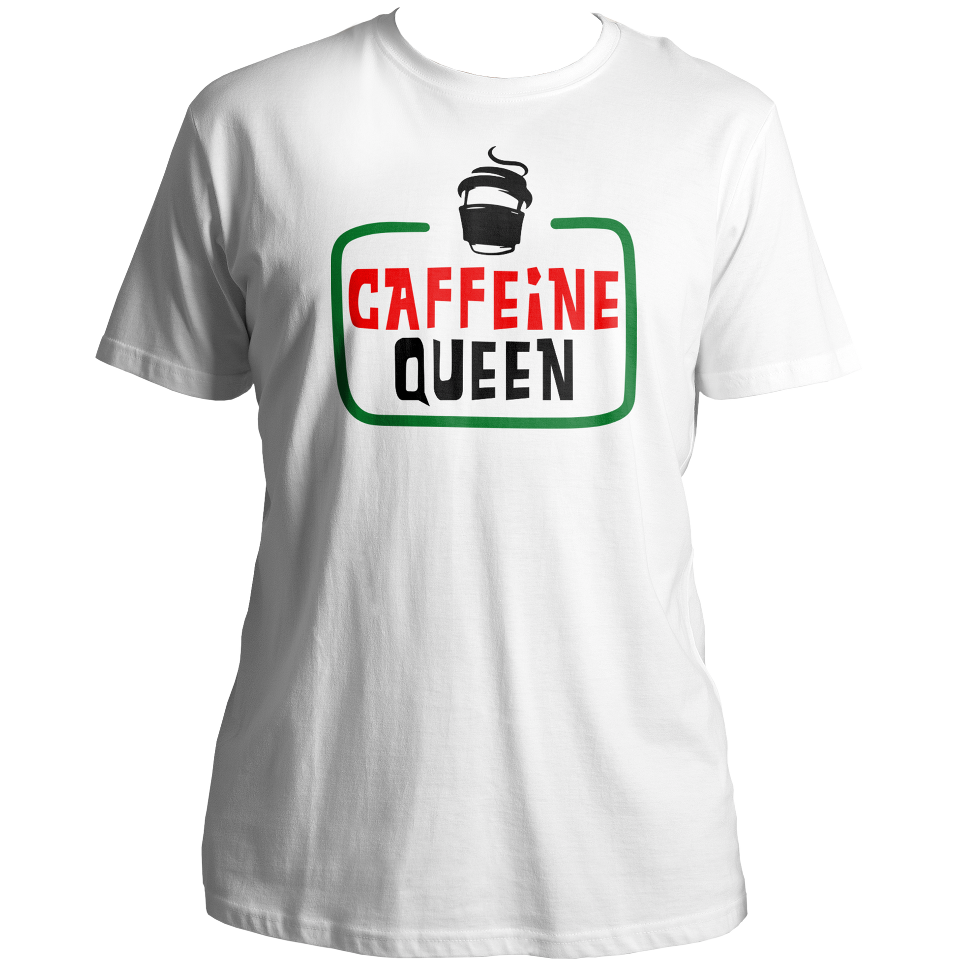 White Caffeine Queen Unisex T-Shirt with coffee cup graphic and café-inspired typography by Garrari