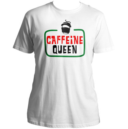 White Caffeine Queen Unisex T-Shirt with coffee cup graphic and café-inspired typography by Garrari