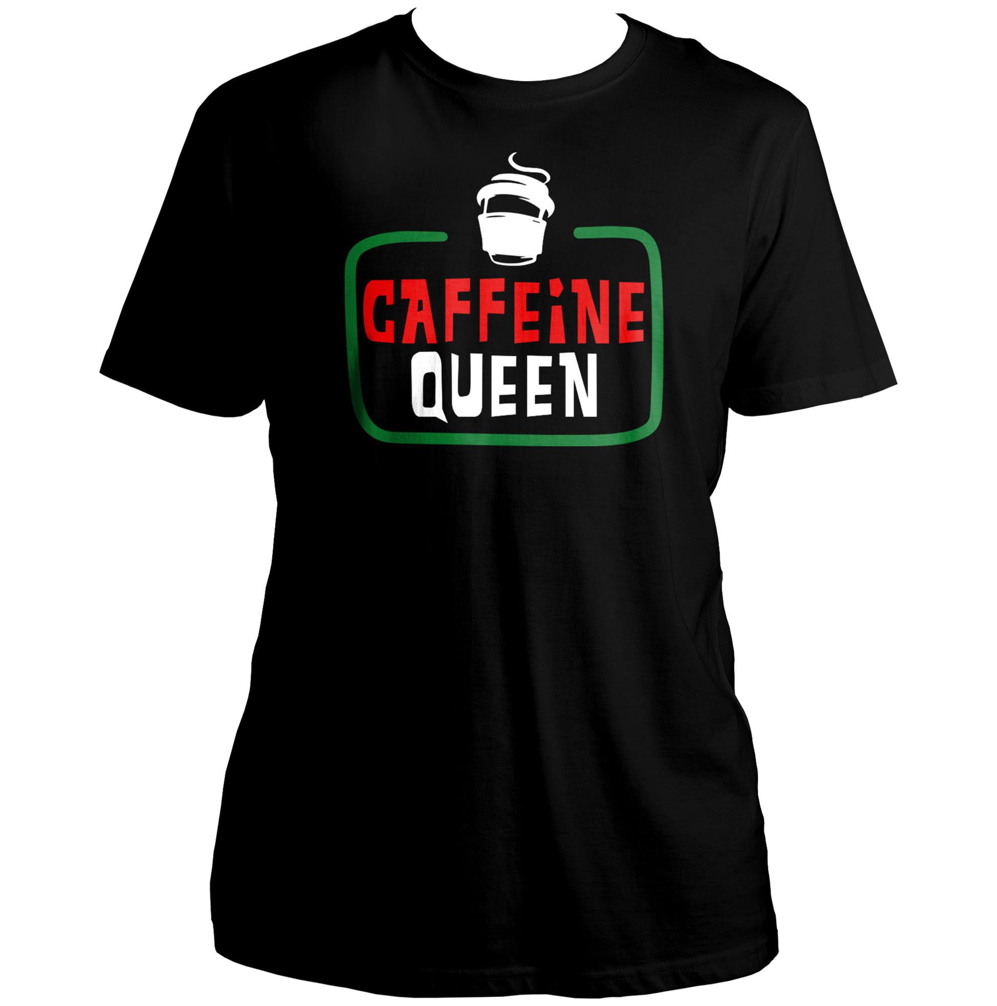 Black Caffeine Queen Unisex T-Shirt with bold coffee lover print by Garrari