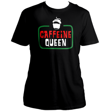 Black Caffeine Queen Unisex T-Shirt with bold coffee lover print by Garrari