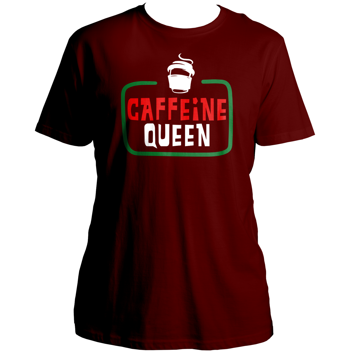 Maroon Caffeine Queen Unisex T-Shirt with quirky caffeine typography by Garrari