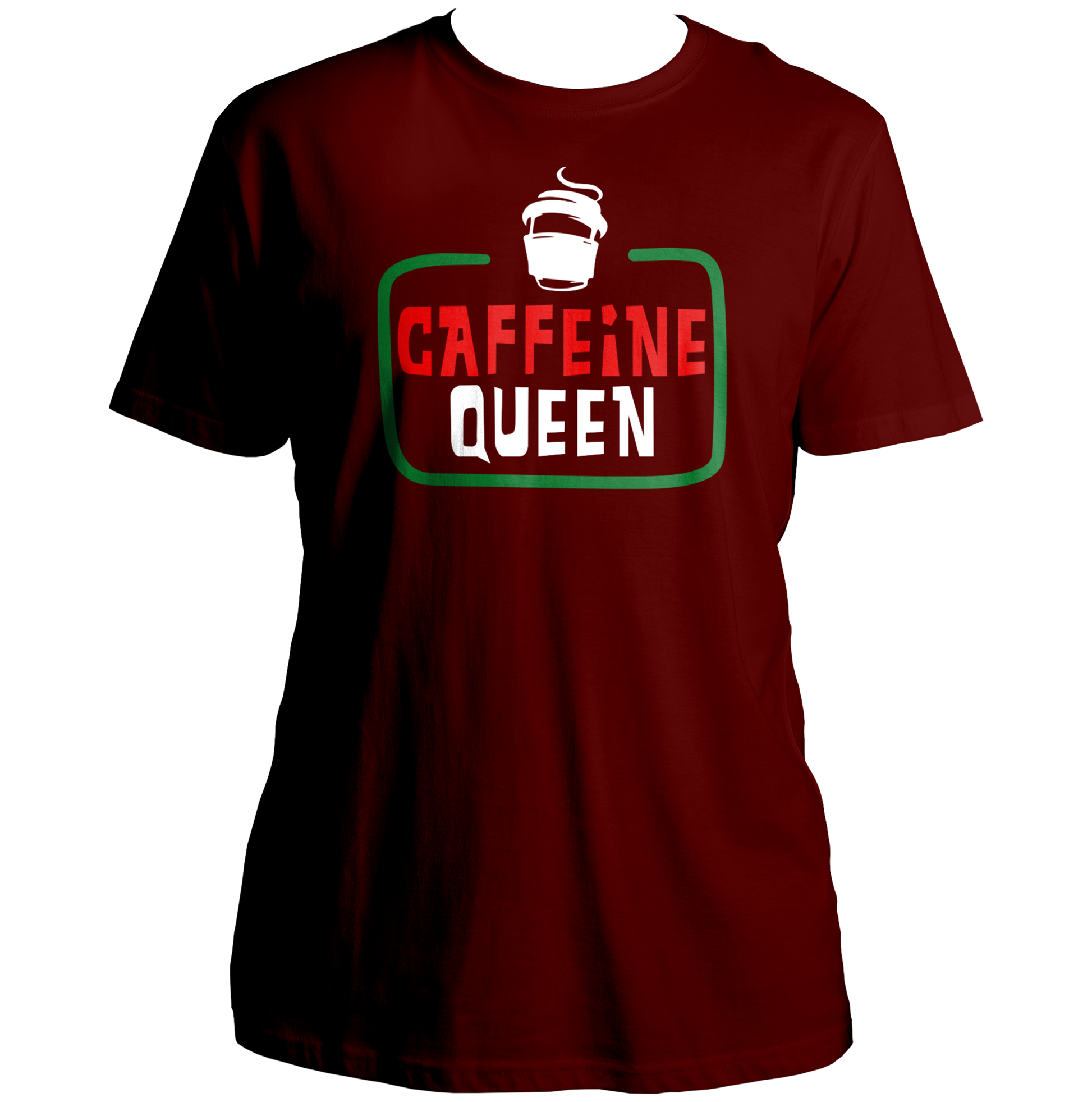 Maroon Caffeine Queen Unisex T-Shirt with quirky caffeine typography by Garrari