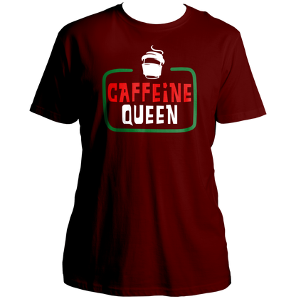 Maroon Caffeine Queen Unisex T-Shirt with quirky caffeine typography by Garrari