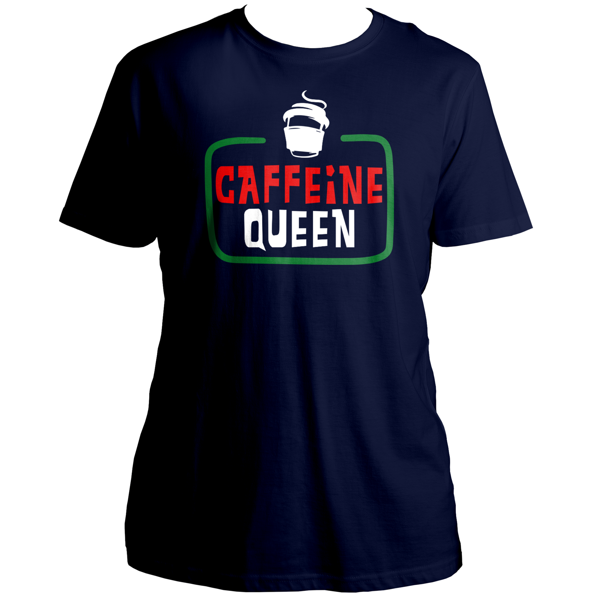 Navy Blue Caffeine Queen Unisex T-Shirt with Caffeine Queen coffee print by Garrari