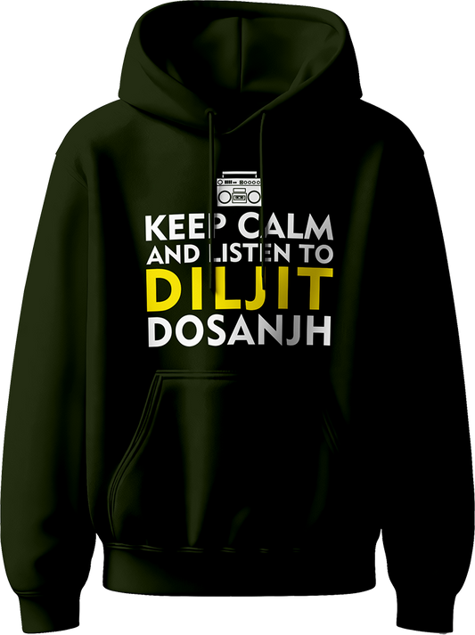 Keep Calm And Listen To Diljit Dosanjh Unisex Hoodie with the phrase “Keep Calm and Listen to Diljit,” perfect for fans of his music and his 2024 Dil-Luminati Tour.