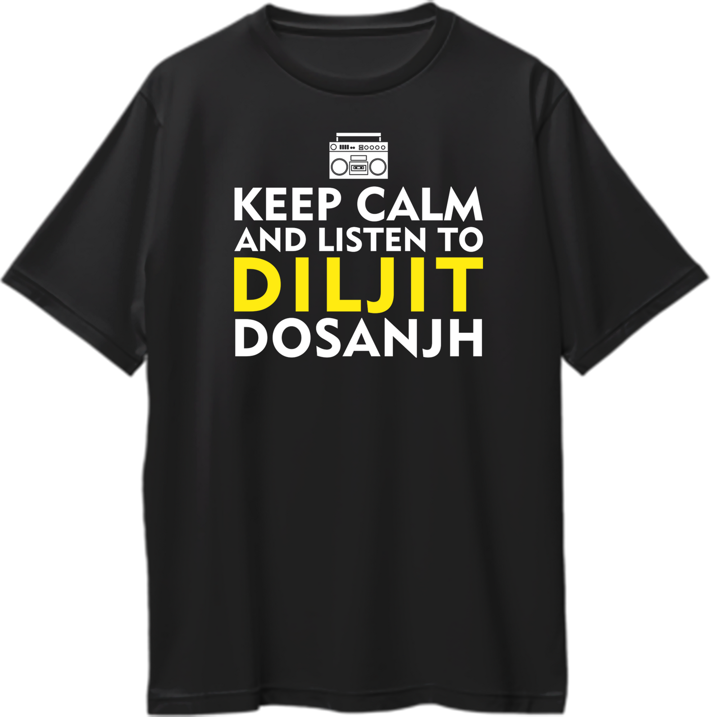 "Front view of Keep Calm And Listen To Diljit Dosanjh oversized unisex t-shirt with bold text."