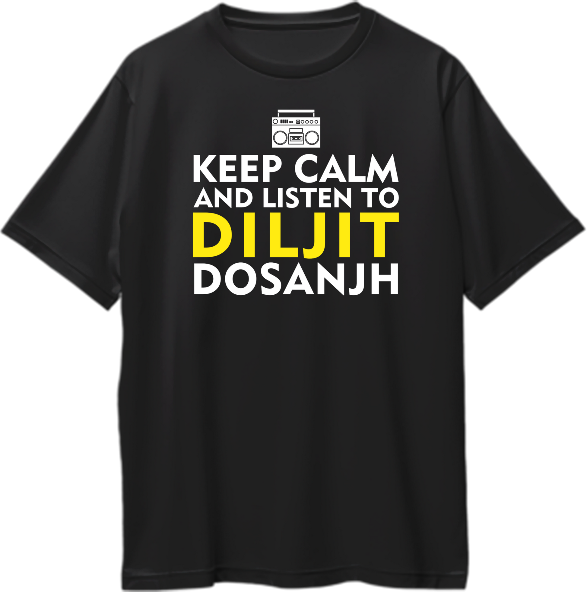 "Front view of Keep Calm And Listen To Diljit Dosanjh oversized unisex t-shirt with bold text."