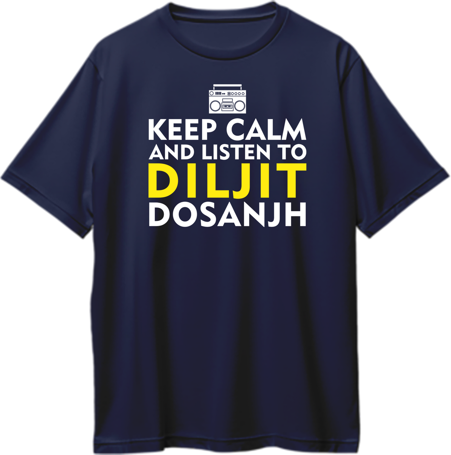 "Front view of Keep Calm And Listen To Diljit Dosanjh oversized unisex t-shirt with bold text."