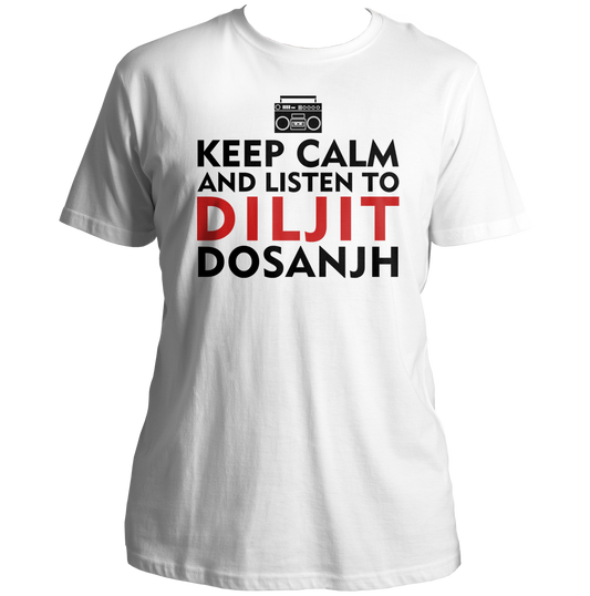 White Keep Calm And Listen To Diljit Dosanjh Unisex T-Shirt by Garrari with black and red typography and boombox graphic