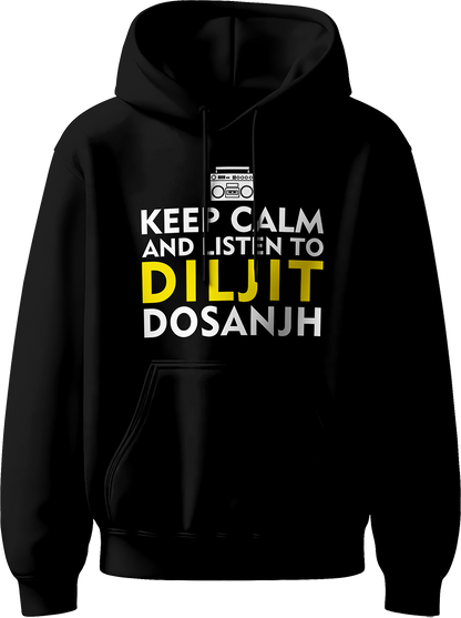 Keep Calm And Listen To Diljit Dosanjh Unisex Hoodie with the phrase “Keep Calm and Listen to Diljit,” perfect for fans of his music and his 2024 Dil-Luminati Tour.