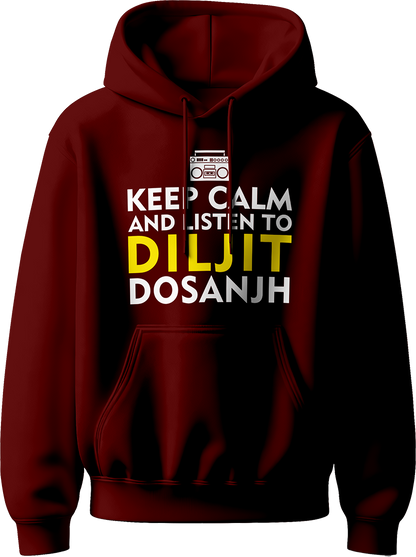 Keep Calm And Listen To Diljit Dosanjh Unisex Hoodie with the phrase “Keep Calm and Listen to Diljit,” perfect for fans of his music and his 2024 Dil-Luminati Tour.