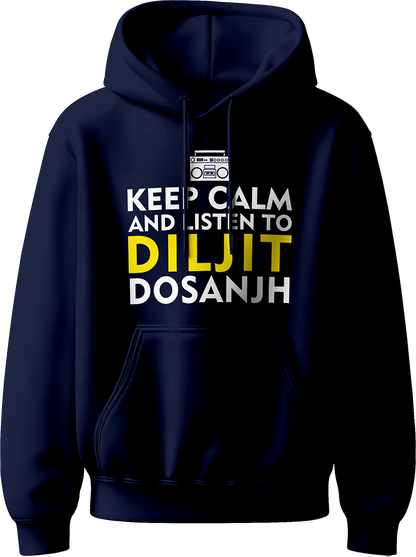 Keep Calm And Listen To Diljit Dosanjh Unisex Hoodie with the phrase “Keep Calm and Listen to Diljit,” perfect for fans of his music and his 2024 Dil-Luminati Tour.