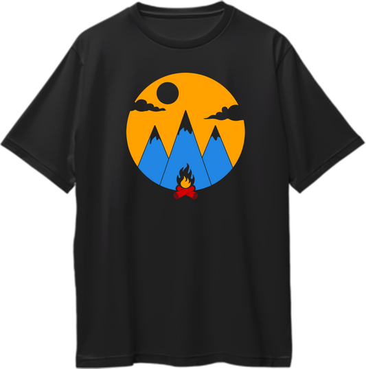 Black Campfire Oversized T-Shirt by Garrari with colorful mountain, sunset and campfire travel graphic