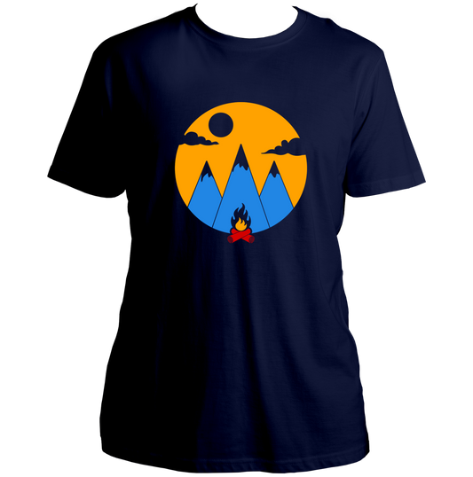 Navy Blue Campfire Unisex T-Shirt by Garrari with mountain, sunset and campfire travel graphic