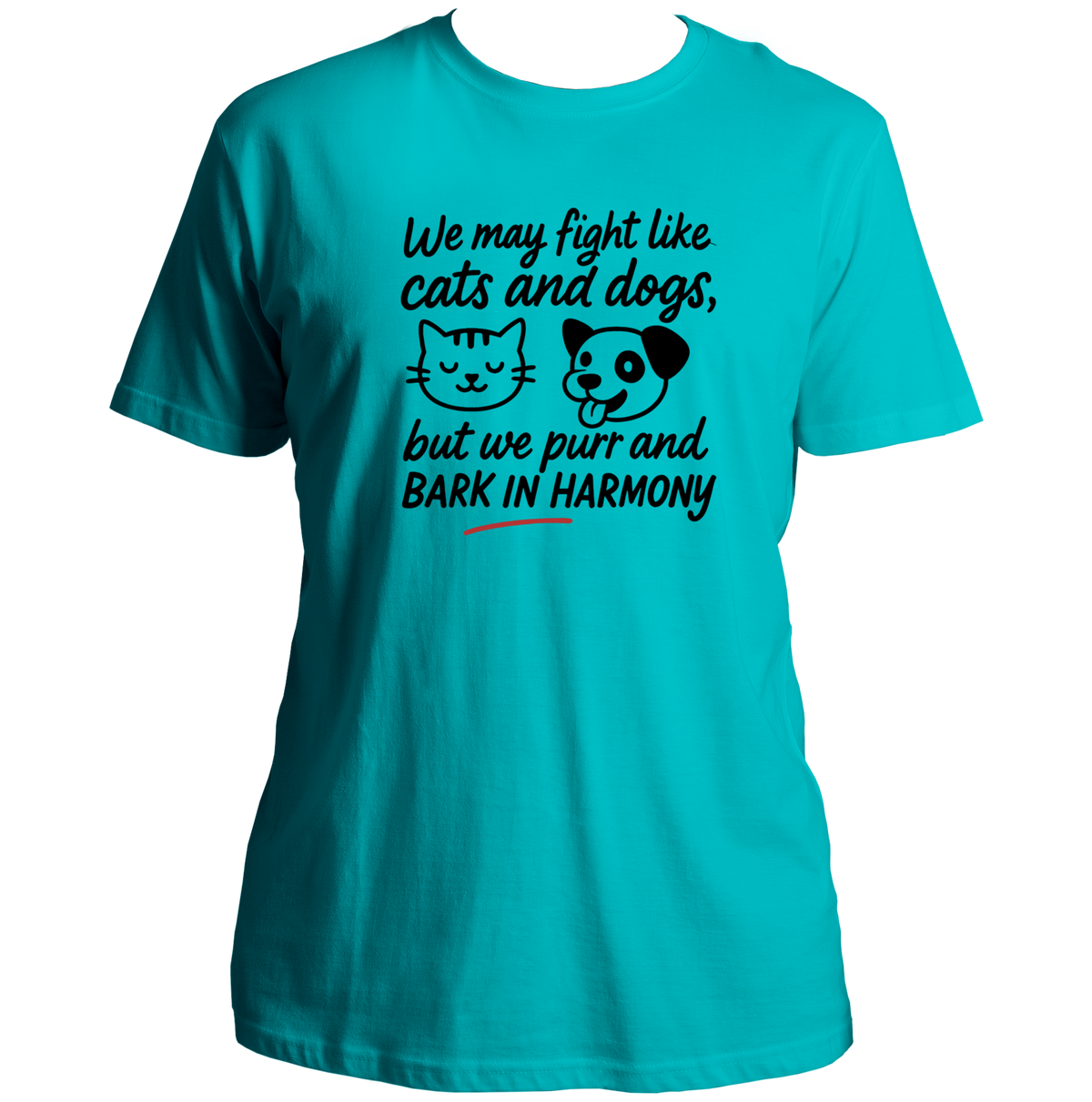 Aqua Blue We Fight Like Cats & Dogs Unisex T-Shirt by Garrari with black cat and dog sibling quote print