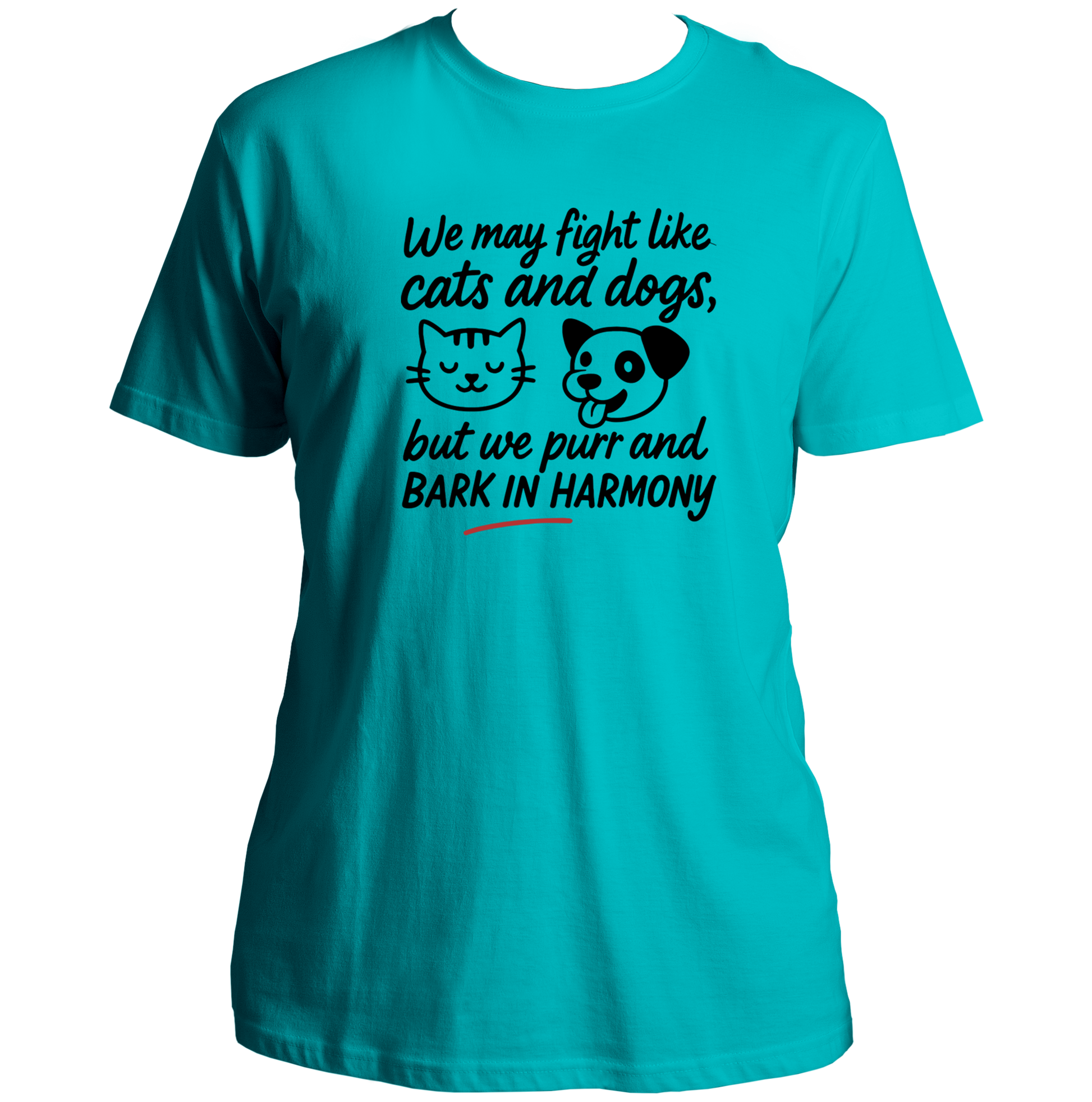 Aqua Blue We Fight Like Cats & Dogs Unisex T-Shirt by Garrari with black cat and dog sibling quote print