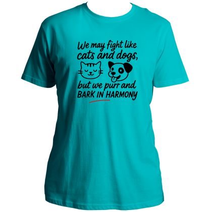 Aqua Blue We Fight Like Cats & Dogs Unisex T-Shirt by Garrari with black cat and dog sibling quote print