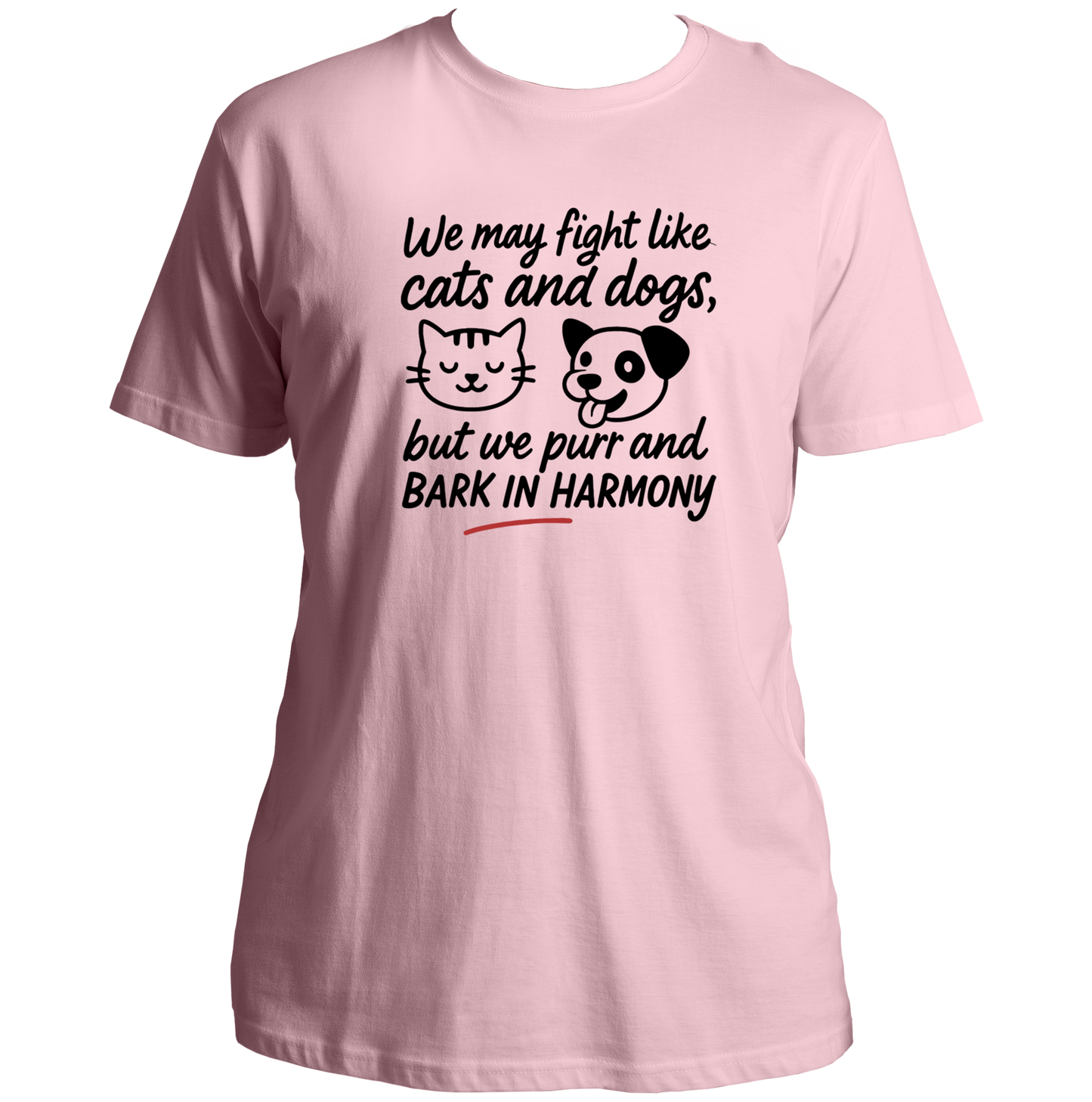 Baby Pink We Fight Like Cats & Dogs Unisex T-Shirt by Garrari with black cat and dog sibling graphic print