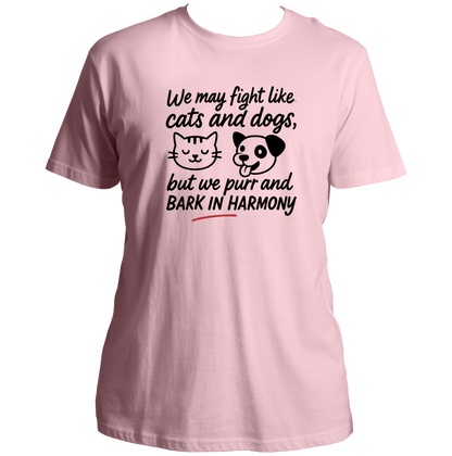 Baby Pink We Fight Like Cats & Dogs Unisex T-Shirt by Garrari with black cat and dog sibling graphic print
