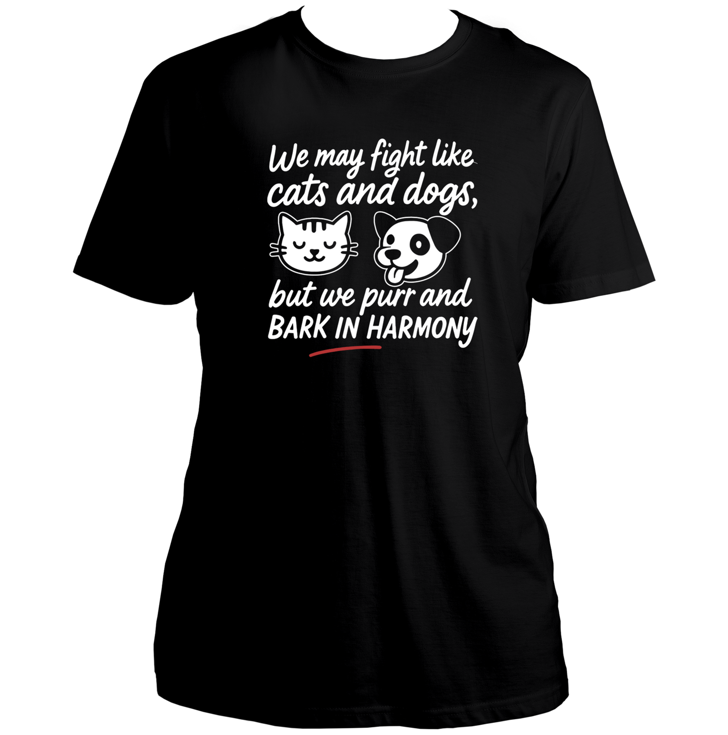 Black We Fight Like Cats & Dogs Unisex T-Shirt by Garrari with white cat and dog sibling quote print