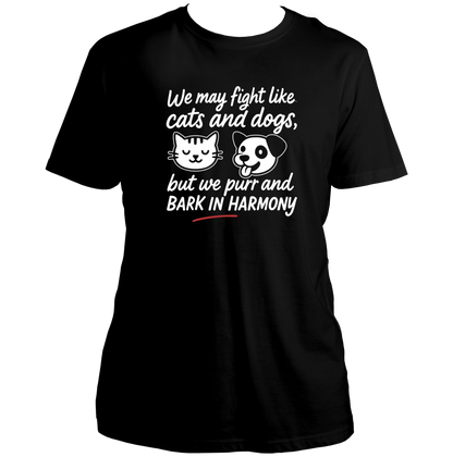 Black We Fight Like Cats & Dogs Unisex T-Shirt by Garrari with white cat and dog sibling quote print
