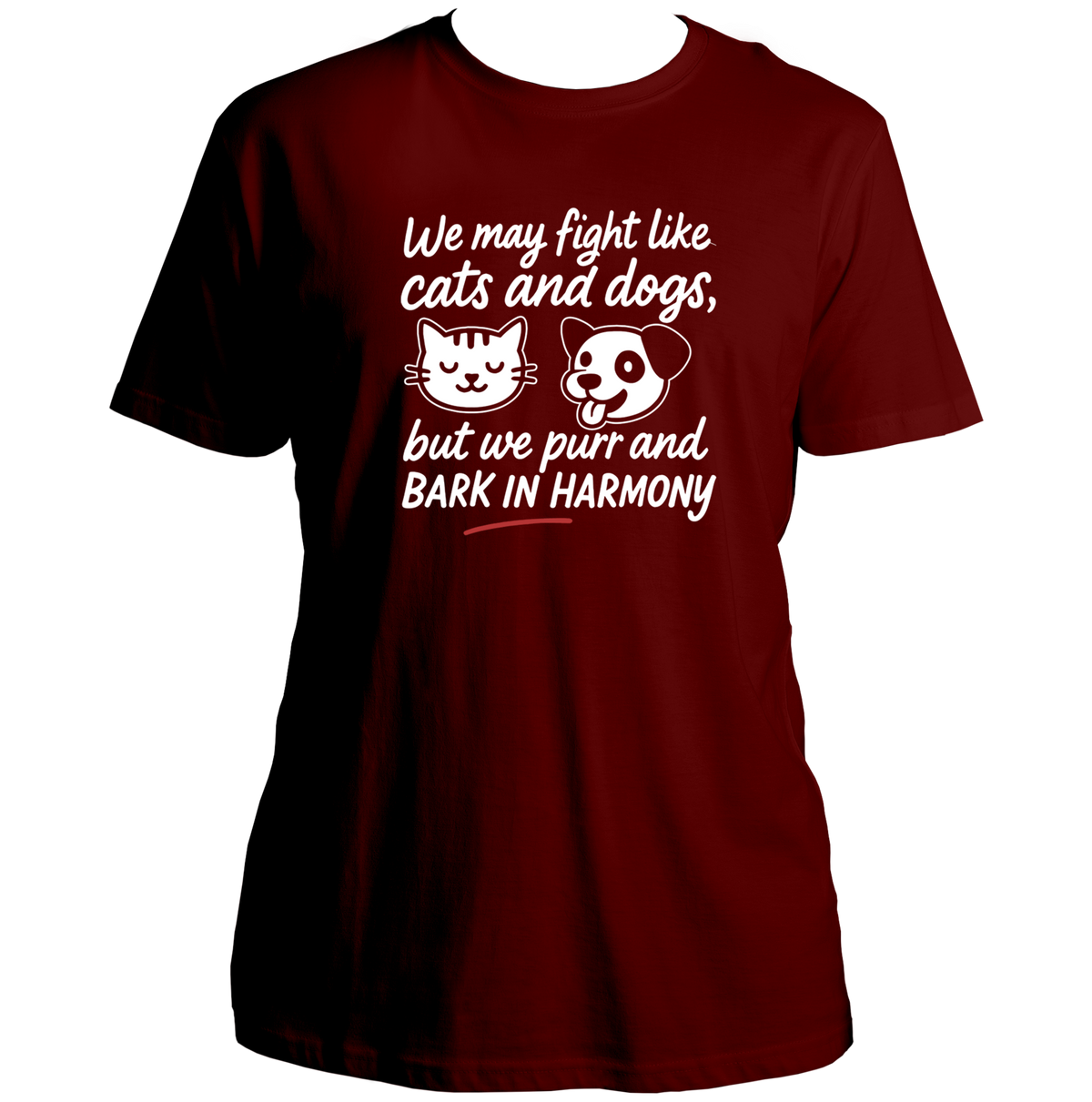Maroon We Fight Like Cats & Dogs Unisex T-Shirt by Garrari with white cat and dog sibling graphic print