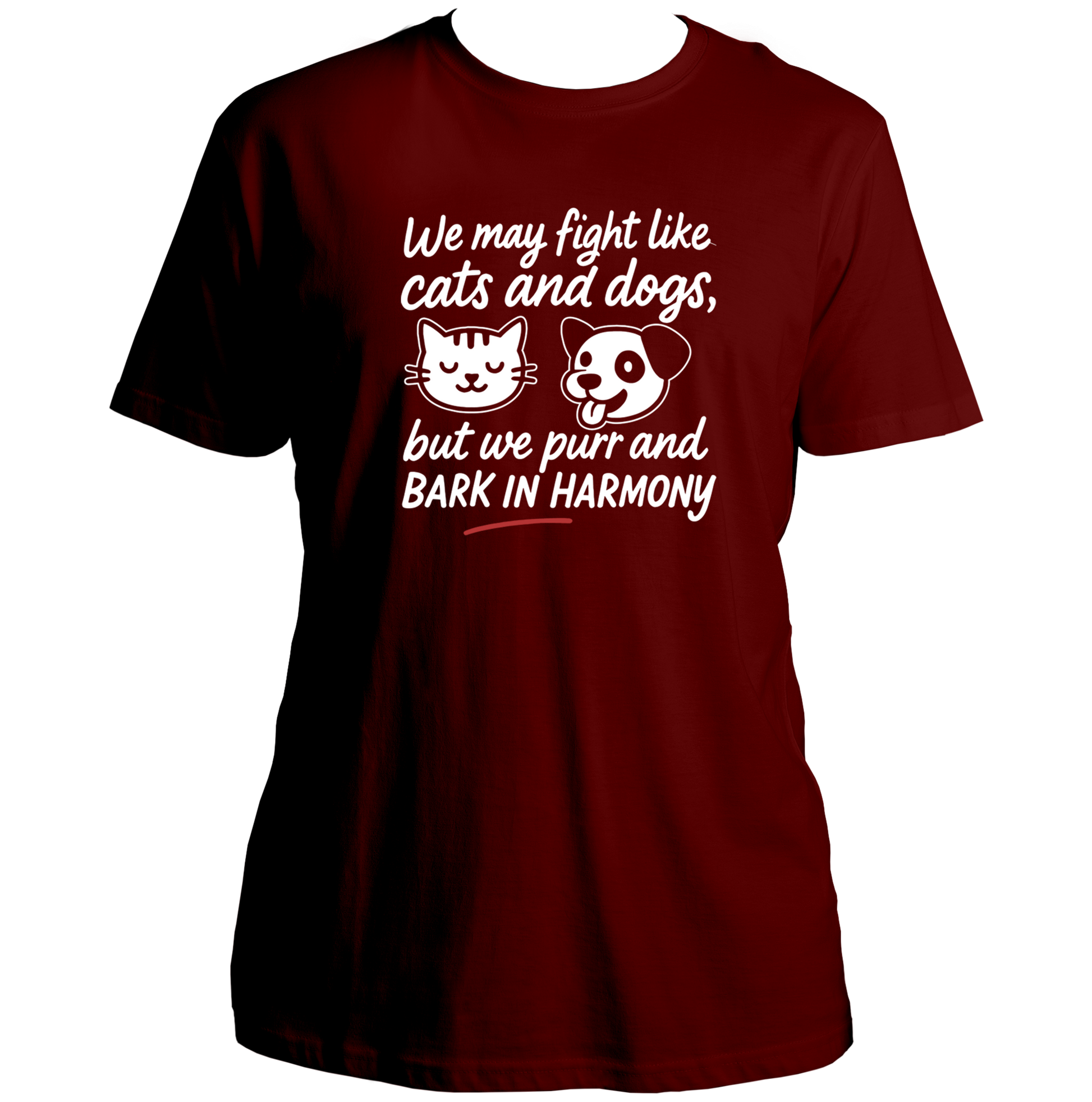 Maroon We Fight Like Cats & Dogs Unisex T-Shirt by Garrari with white cat and dog sibling graphic print