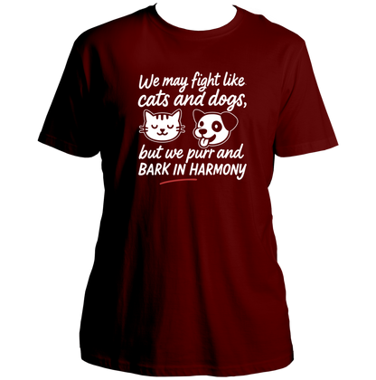 Maroon We Fight Like Cats & Dogs Unisex T-Shirt by Garrari with white cat and dog sibling graphic print