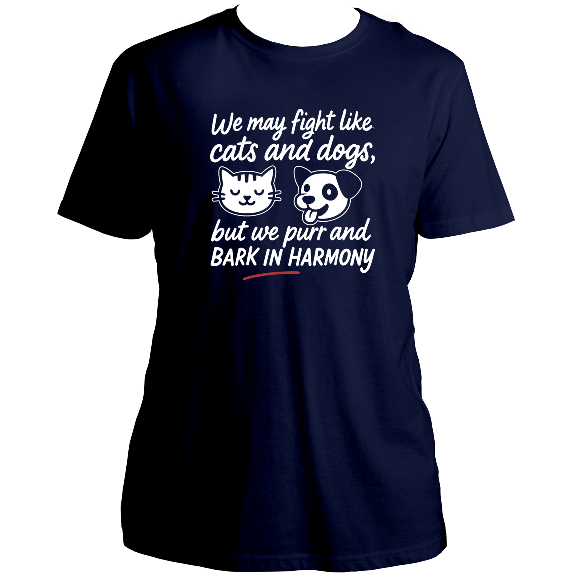 Navy Blue We Fight Like Cats & Dogs Unisex T-Shirt by Garrari with white cat and dog sibling quote print