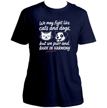 Navy Blue We Fight Like Cats & Dogs Unisex T-Shirt by Garrari with white cat and dog sibling quote print