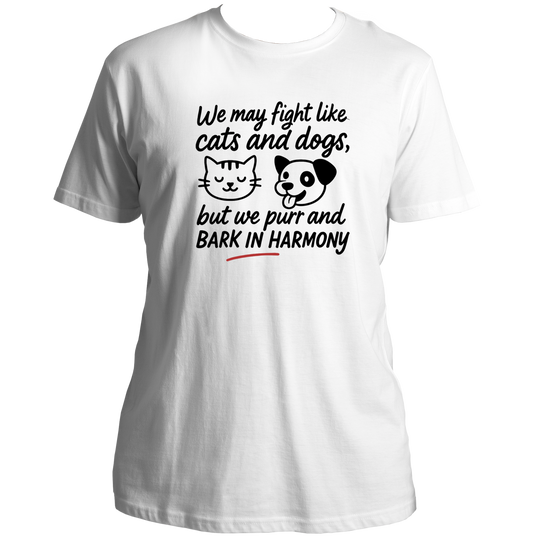 White We Fight Like Cats & Dogs Unisex T-Shirt by Garrari with black cat and dog sibling graphic print