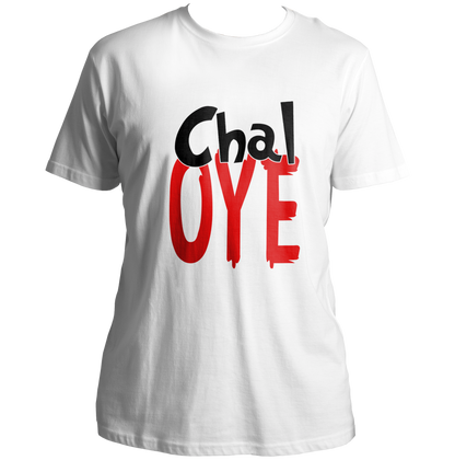White Chal Oye Unisex T-Shirt with quirky Punjabi phrase artwork by Garrari