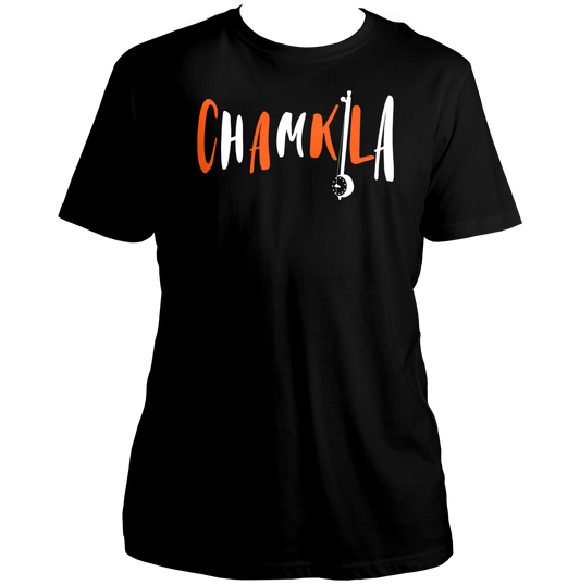Black Chamkila Diljit Dosanjh Unisex T-Shirt by Garrari with orange and white CHAMKILA typography