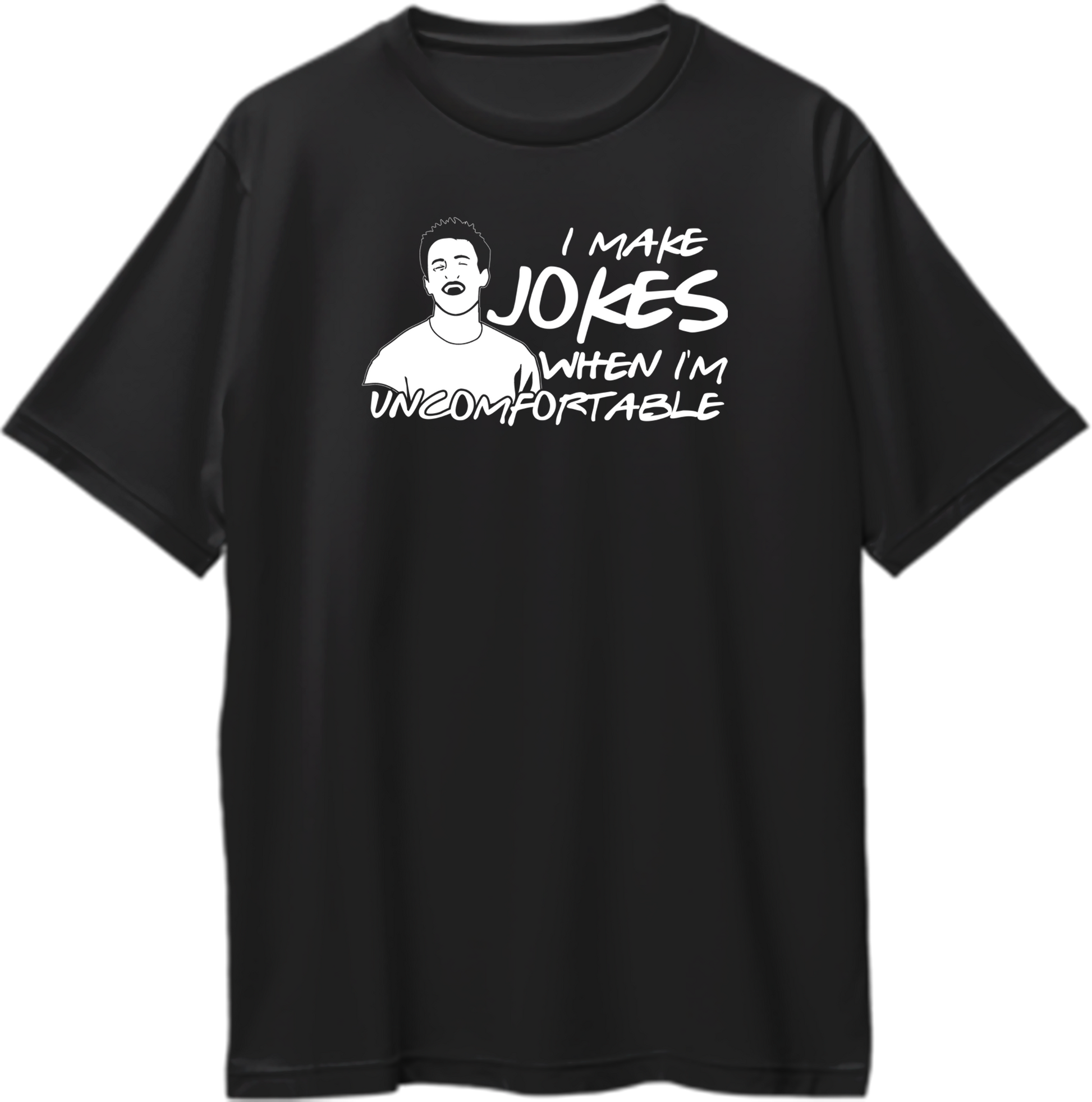 Oversized unisex t-shirt with Chandler Bing quote 'I Make Jokes When I Am Uncomfortable' from Friends TV show.