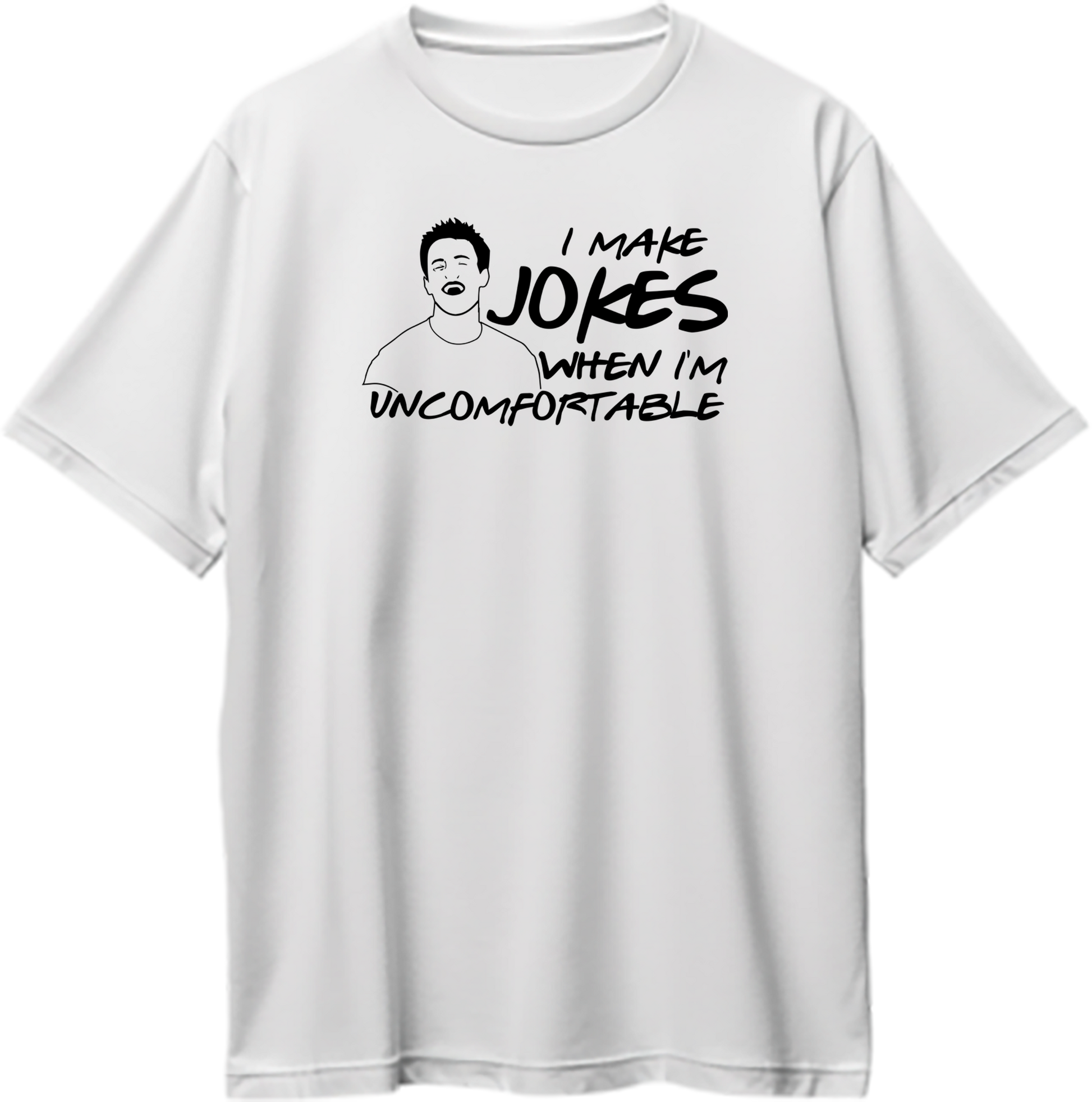 Oversized unisex t-shirt with Chandler Bing quote 'I Make Jokes When I Am Uncomfortable' from Friends TV show.