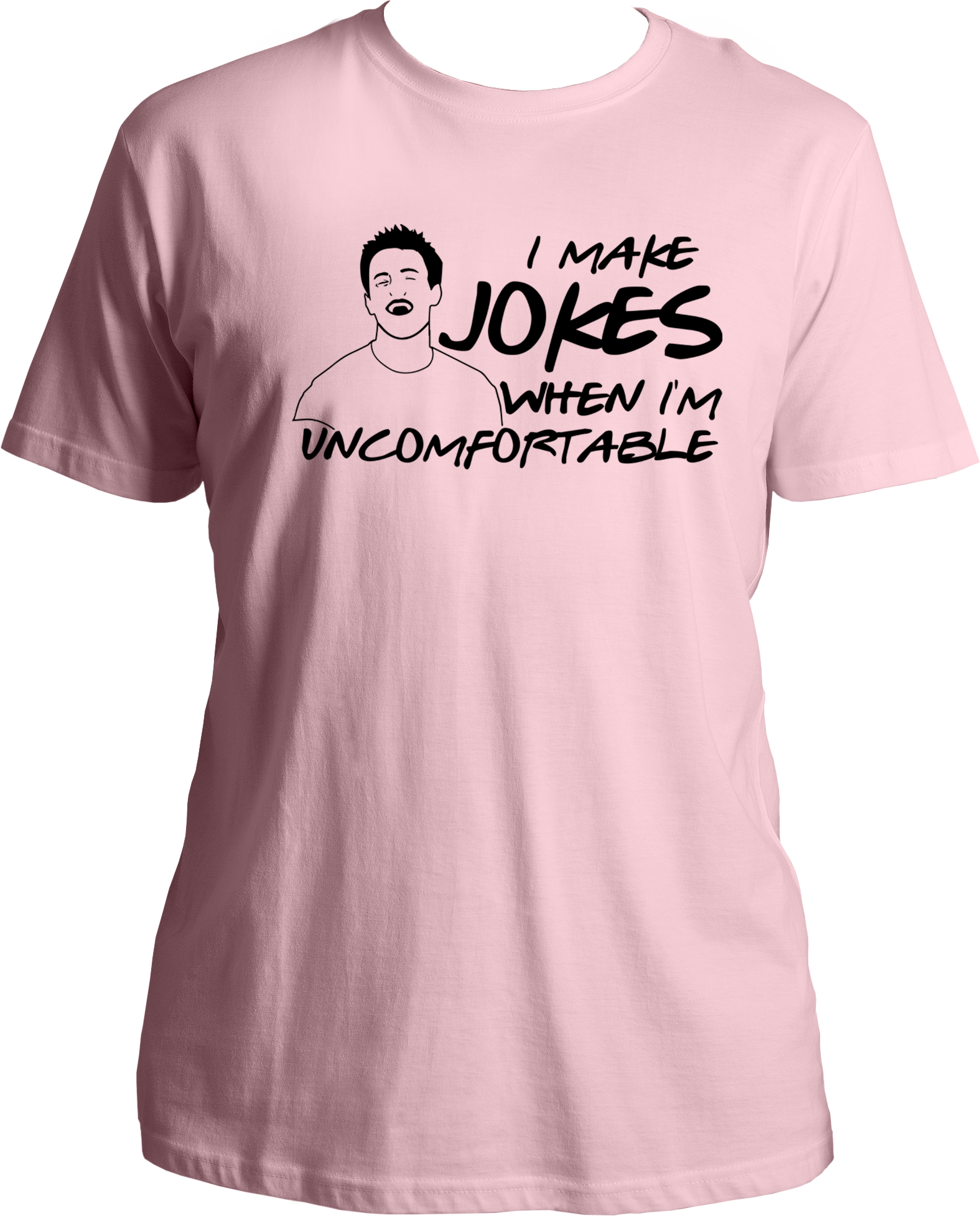 Welcome to our T-shirt haven, where we bring your favorite TV shows to life! Introducing our Round Neck T-shirt under the F.R.I.E.N.D.S. category, featuring the iconic Chandler Bing quote, "I Make Jokes When I'm Uncomfortable." Step into the world of laughter and camaraderie inspired by the legendary sitcom, Friends.