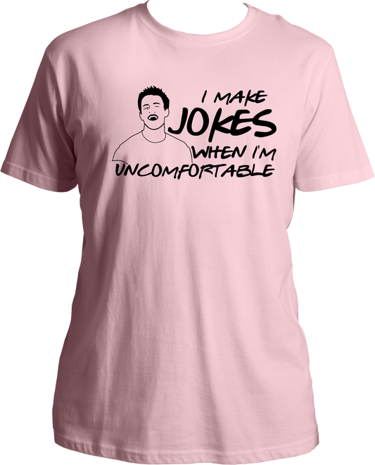 Welcome to our T-shirt haven, where we bring your favorite TV shows to life! Introducing our Round Neck T-shirt under the F.R.I.E.N.D.S. category, featuring the iconic Chandler Bing quote, "I Make Jokes When I'm Uncomfortable." Step into the world of laughter and camaraderie inspired by the legendary sitcom, Friends.